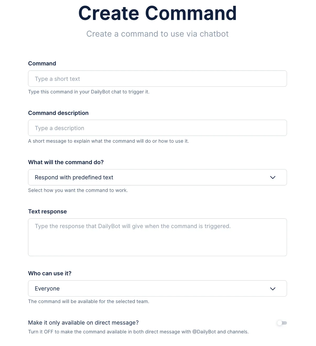 Pantalla de creación de comandos en Dailybot