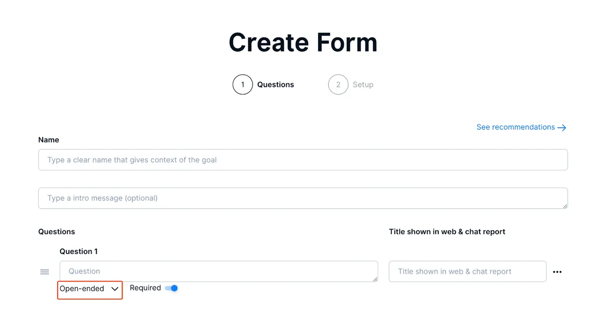 Seleção de tipo de pergunta no construtor de formulários do Dailybot