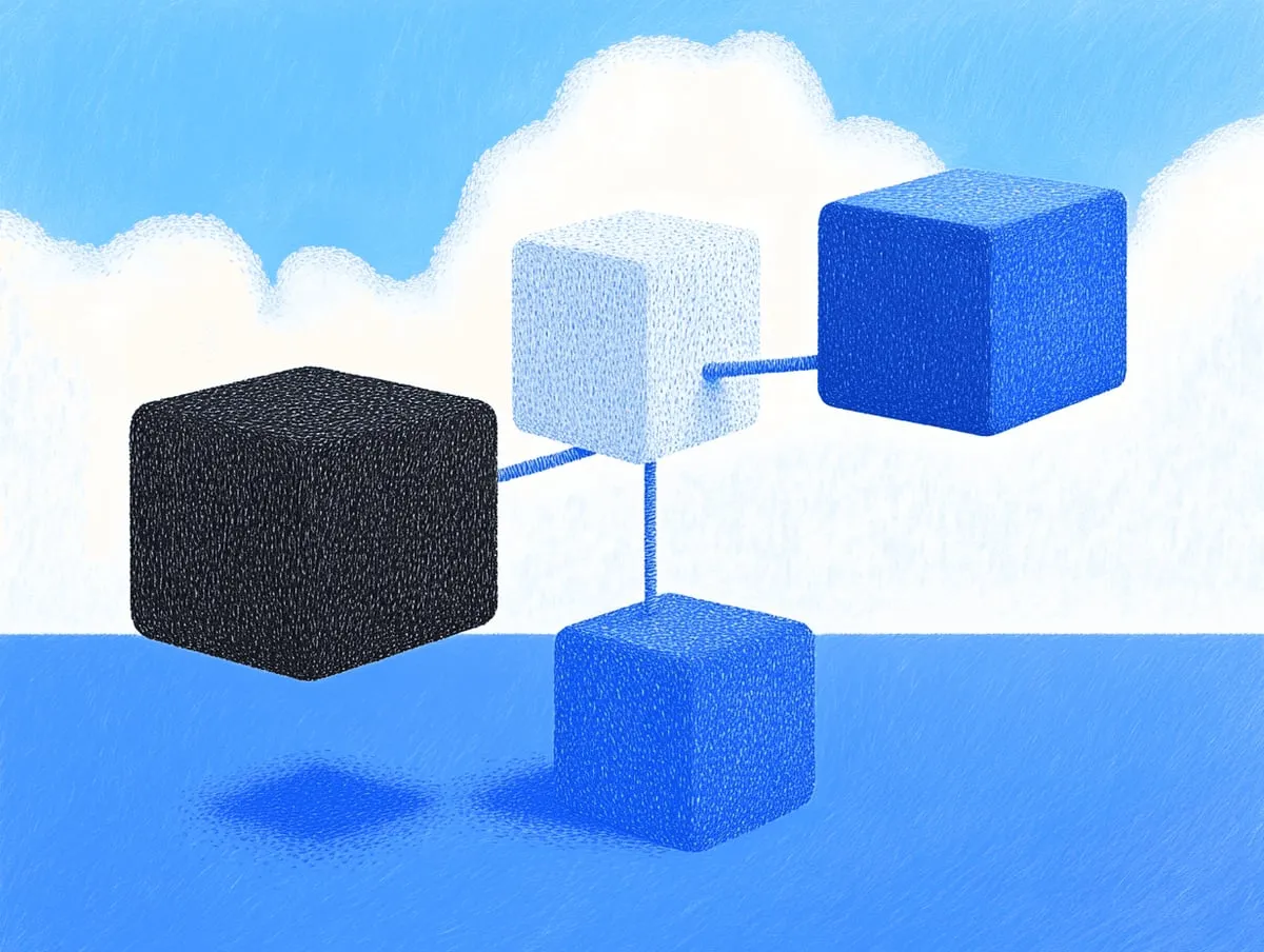 Quatro blocos conectados que representam uma interface MCP entre aplicações de IA e sistemas externos.