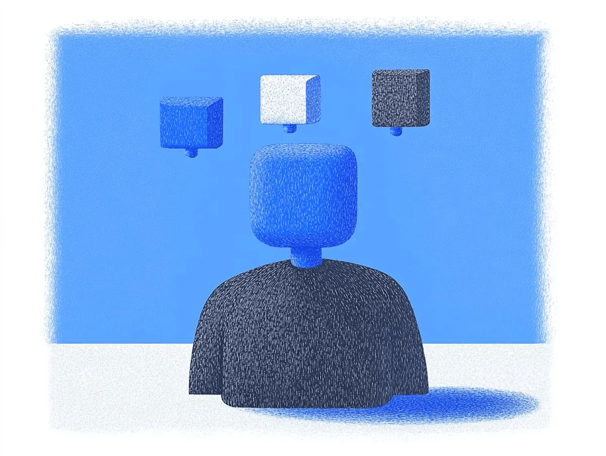 Uma pessoa escolhe entre vários blocos modulares que representam ferramentas de IA intercambiáveis.