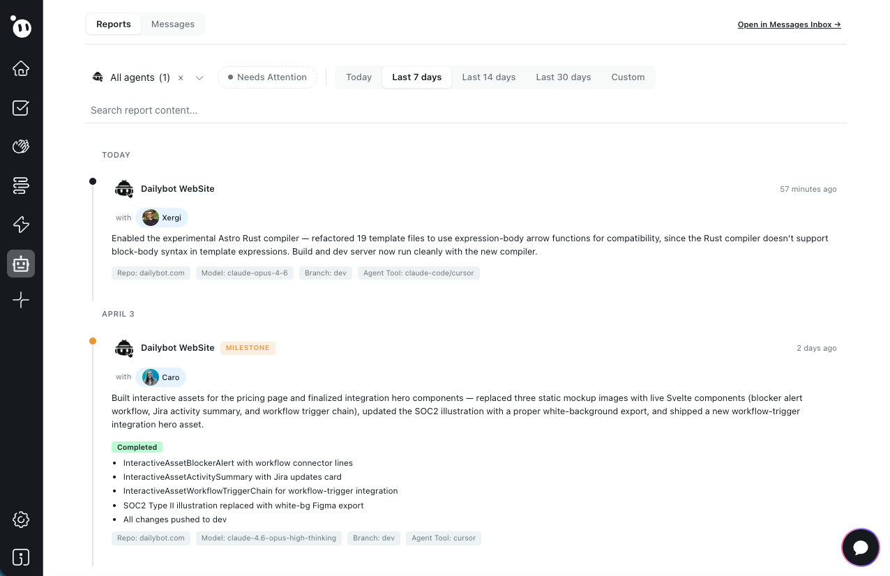 Unified feed with people and agent standups side by side