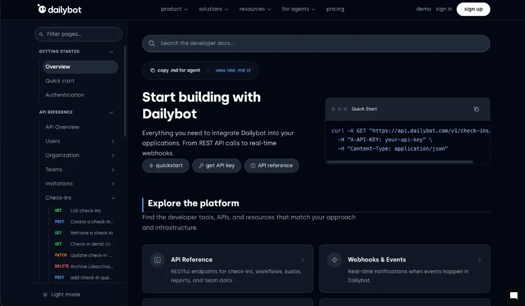 Portal de desenvolvedores com busca, barra lateral da API e Quick Start