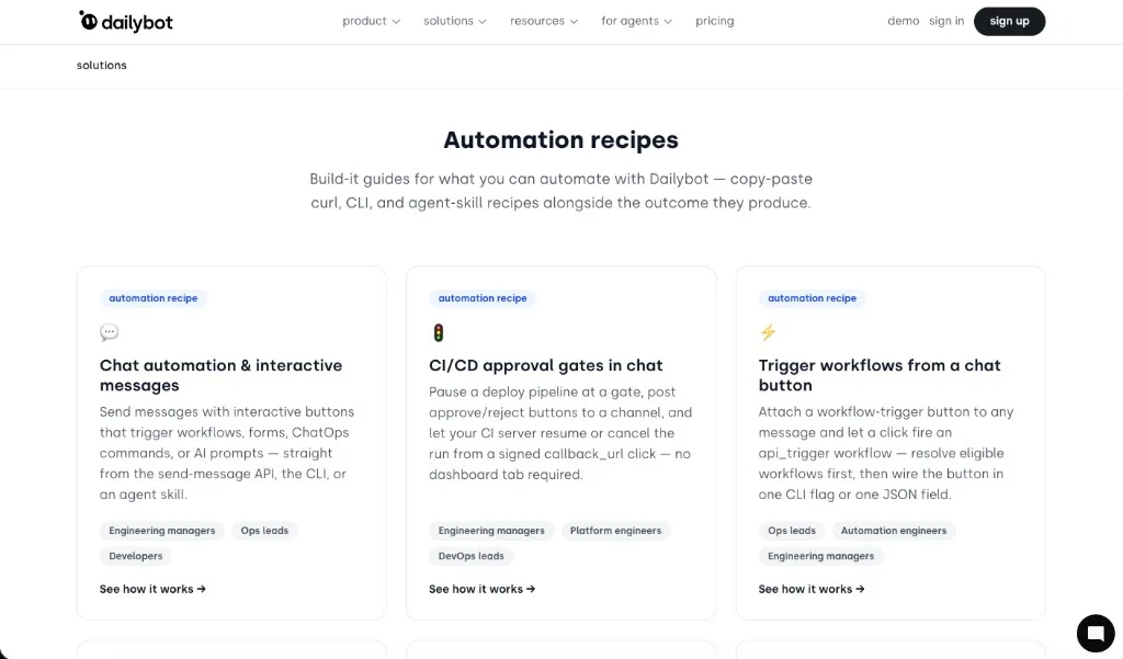 Receitas de automação para mensagens interativas, gates de aprovação CI/CD e botões que disparam workflows