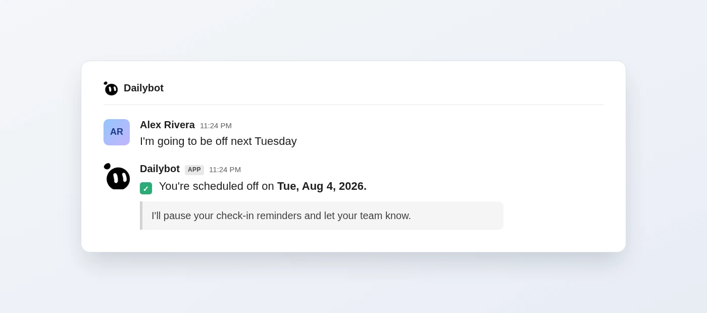 Solicitar folga enviando uma mensagem ao Dailybot no Slack