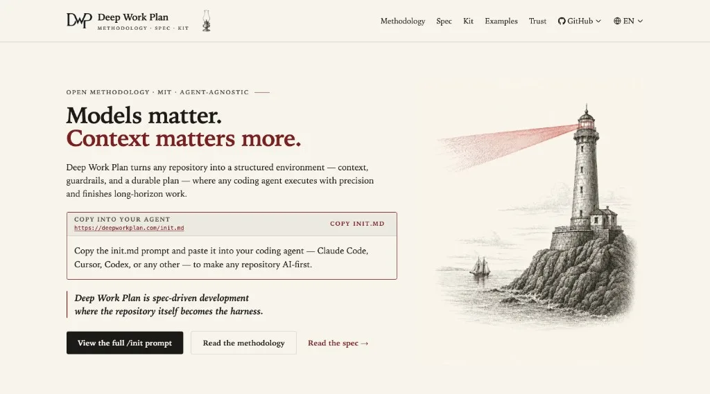DeepWorkPlan homepage — Models matter. Context matters more.
