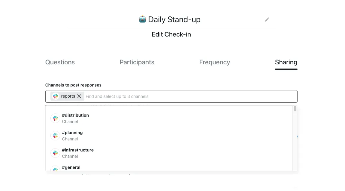 Aba Sharing do Edit Check-in com o seletor Channels to post responses aberto, mostrando #reports selecionado e outros canais do Slack no dropdown