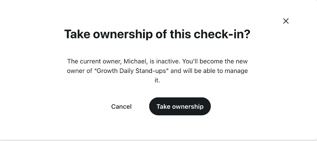 Take ownership confirmation dialog explaining the current owner is inactive