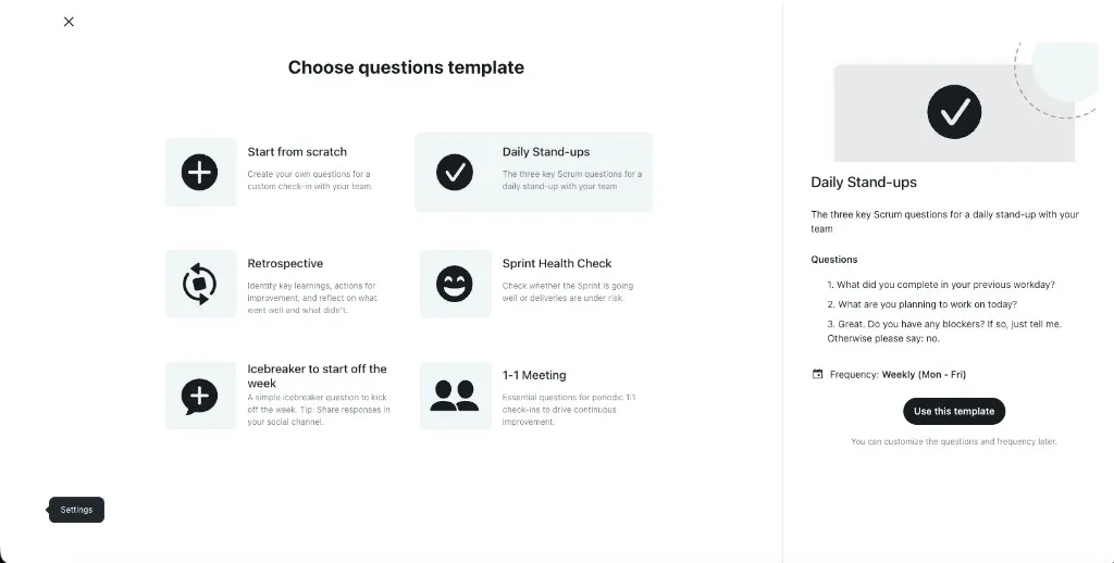 Selector de plantillas de check-in que muestra Daily Stand-ups, Retrospective y otras opciones