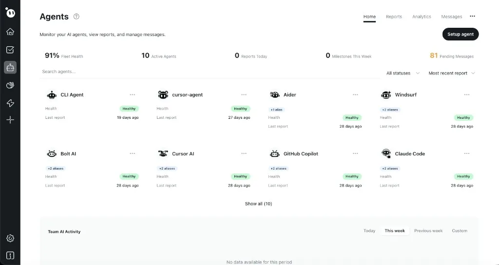 Agents dashboard showing agent cards with health status, aliases, and last report dates