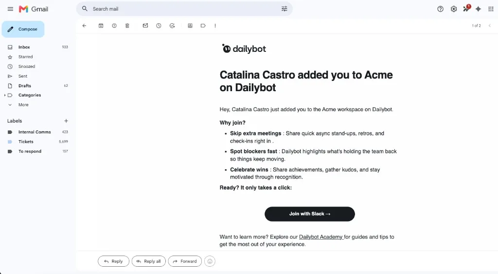 Dailybot invitation email showing a teammate added you to an organization