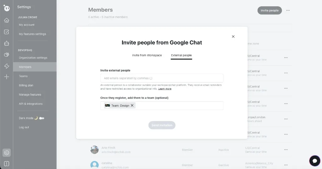 External people tab showing email input, description of external collaborators, and optional team assignment