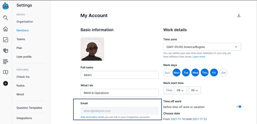 La página My Account con el enlace Add secondary email debajo del campo Email
