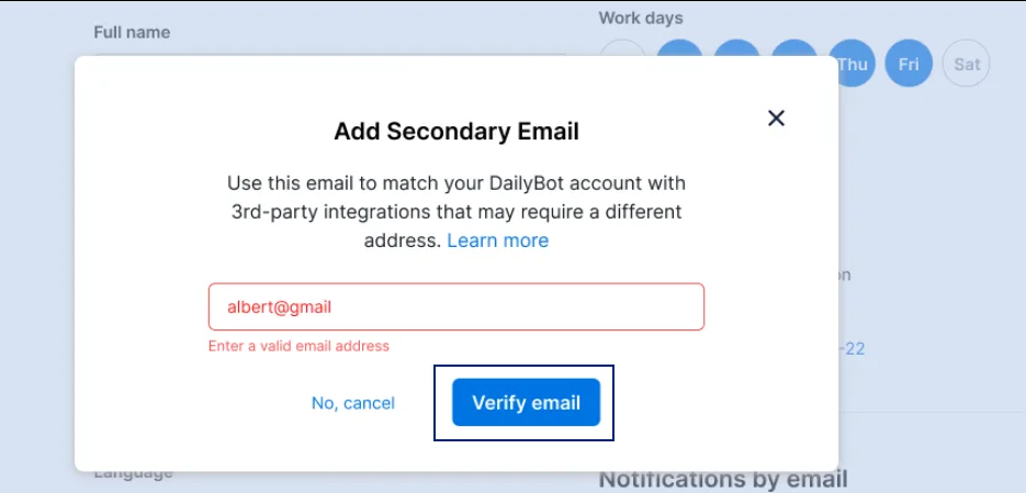 El modal Add Secondary Email con un correo escrito y el botón Verify email resaltado