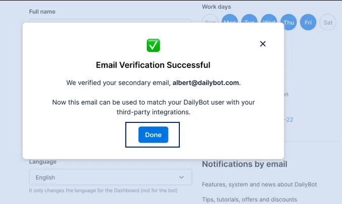 Modal Email Verification Successful que confirma que el correo secundario está listo para las integraciones